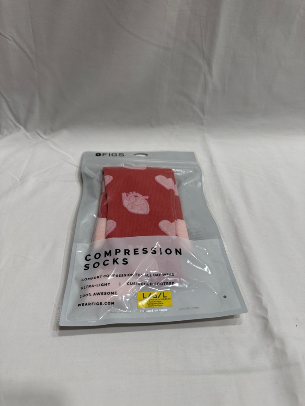 FIGS Red Compression Socks with Pink Heart Pattern